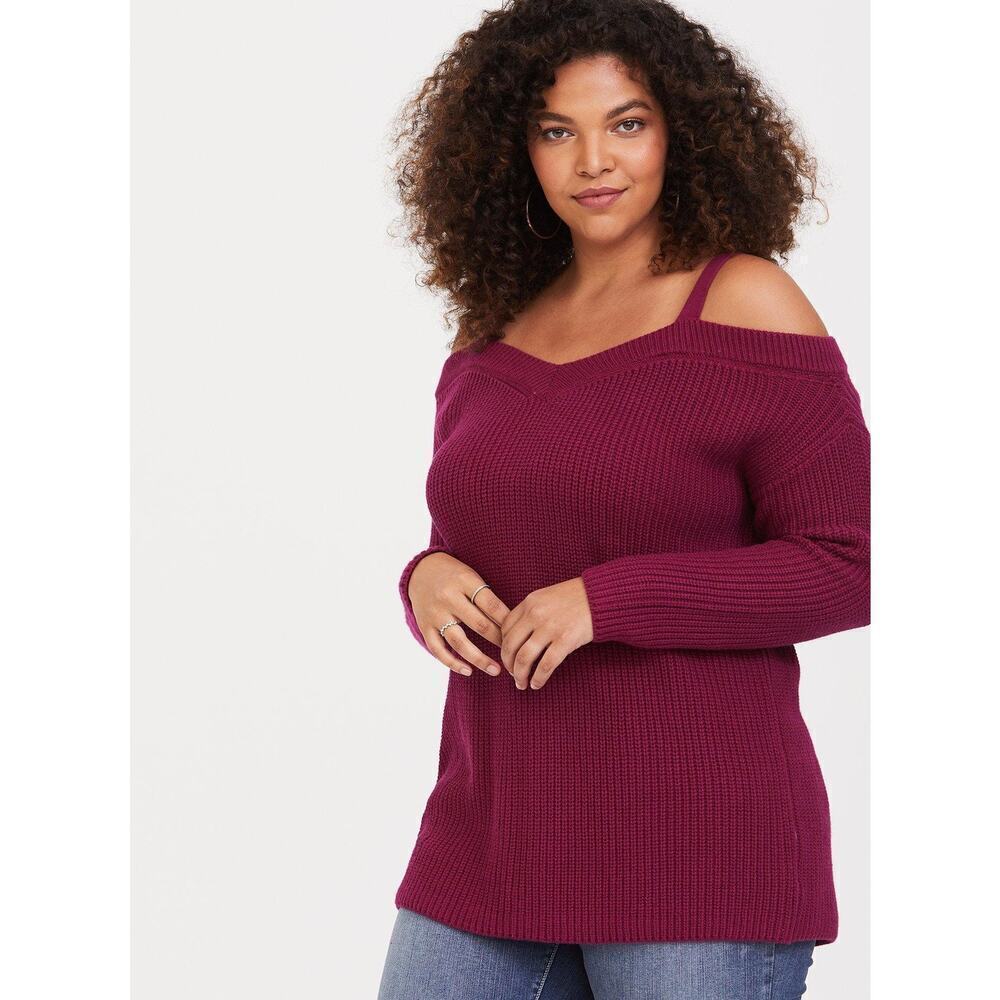 Torrid Plus Size 2X Pullover Cold Shoulder Sweater Burgundy Red V-Neck Cotton